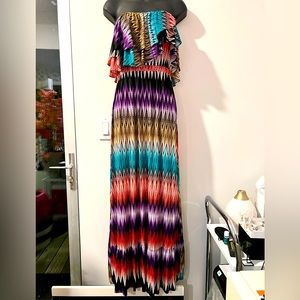 Tbags Los Angeles Chevron Rainbow Layered Ruffle Maxi Dress Sz. S EUC MSRP: $203